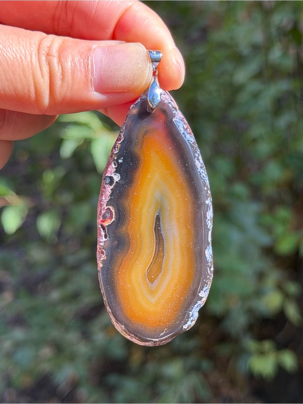 Sterling Silver 925 Long Banded Black and Orange Agate Pendant 2550 - Picture 2 of 6